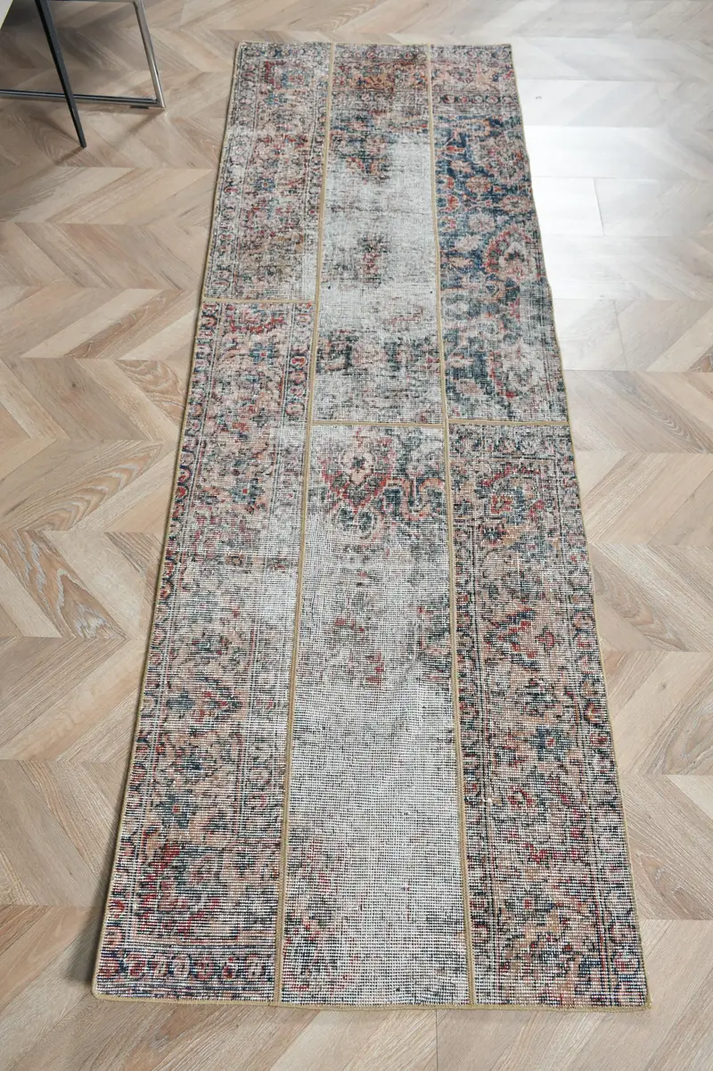Türk Vintage Halısı, 2.3x7.1 ft Oushak Halısı, Mavi Kahverengi Katı Halı - 1