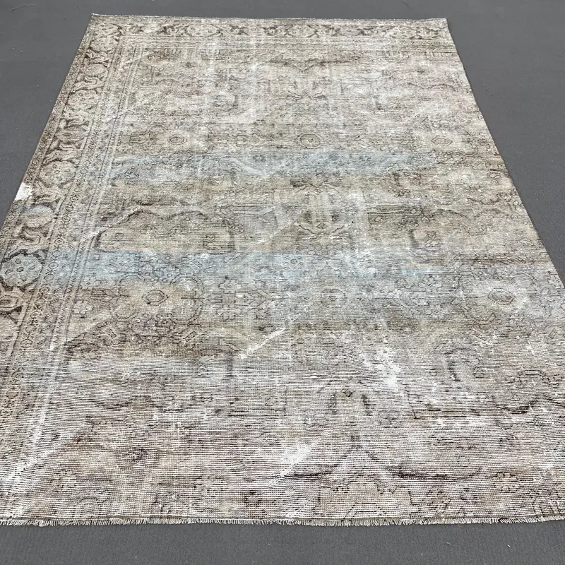 Alfombra Oushak vintage de 7x9,7 pies, alfombra turca de lana a cuadros marrón gris - 1