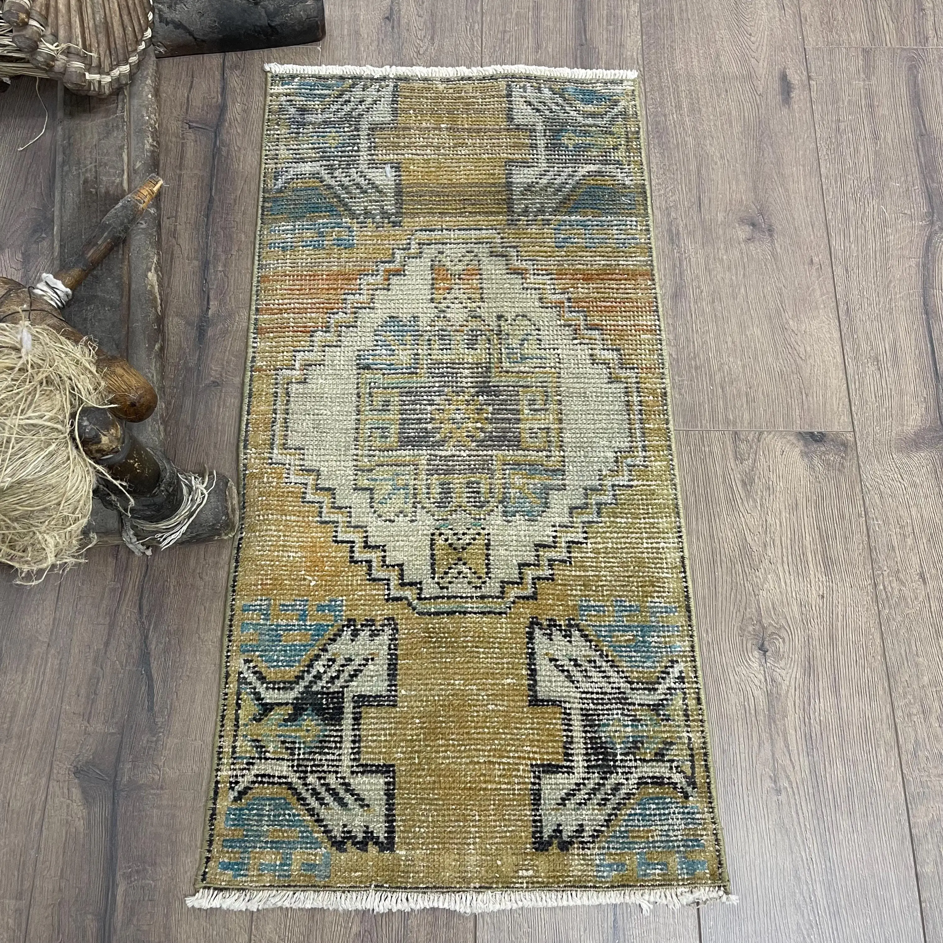 Turkish Rug, 1.4x2.9 ft Small Rug, Brown Floral Wool Vintage Rug - 1