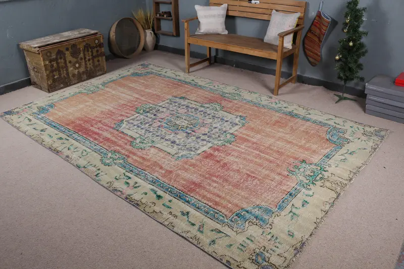 Teppich in Orange und Blau, 6,5 x 9,9 Fuß, geometrisches Blumenmuster