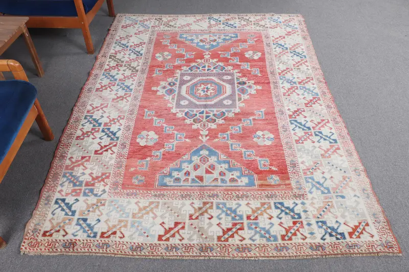 Alfombra Oushak turca vintage de 5,1x7,3 pies (156x223 cm), alfombra de lana de lunares rojos - 1
