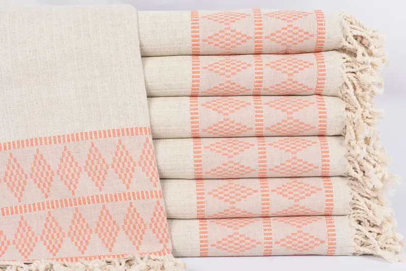 Beach Towel Monogrammed Turkish Linen Orange Kilim Design, 70x36 Inches