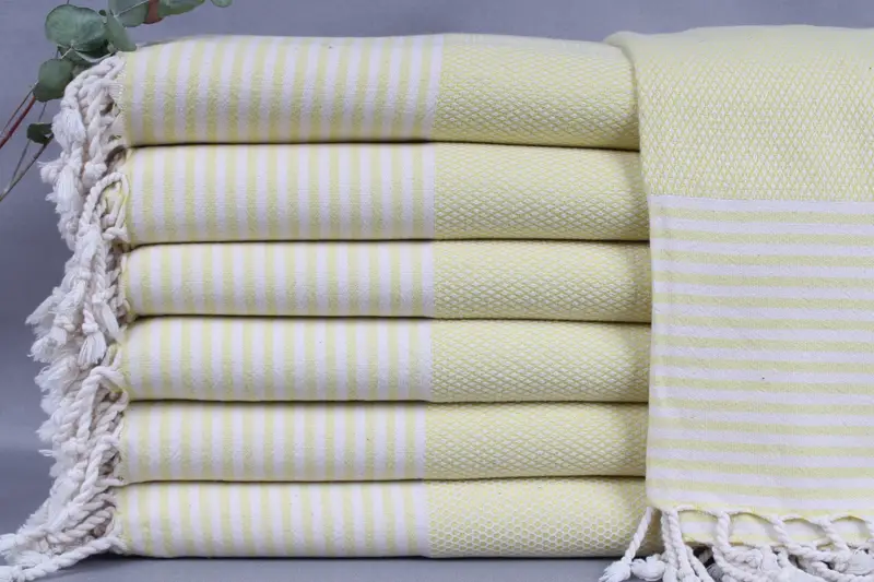 Embroidered Turkish Beach Towel, Light Yellow, Striped, 32x67 Inches