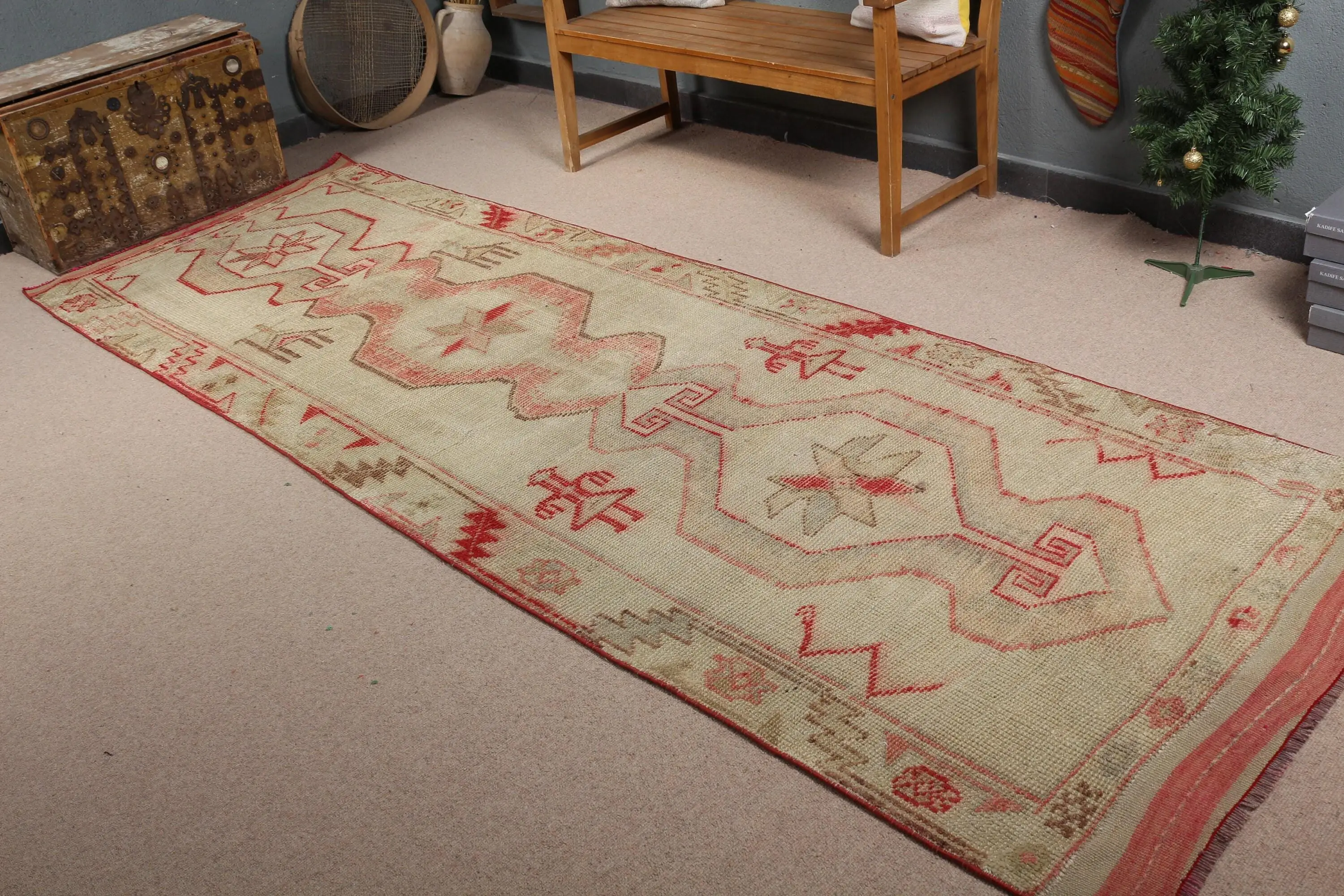 Turkish Herki Rug 3.7x11.1 ft, Red White Oriental Wool Vintage Rug - 1