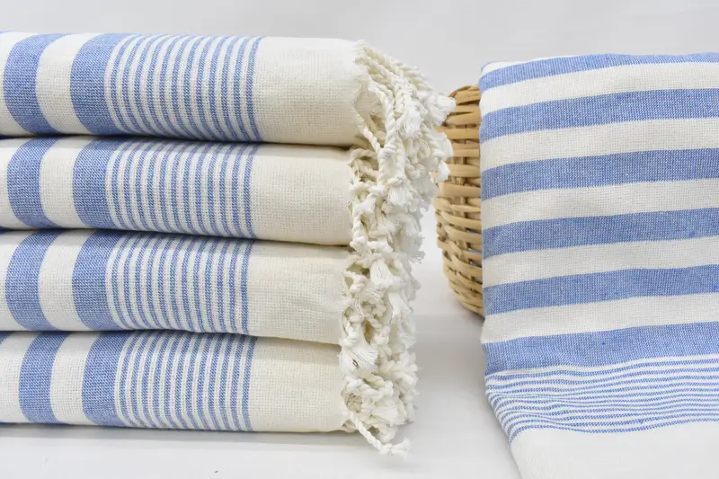 Beach Towel Custom Turkish Cotton Blue Stripes, 67x40 Inches