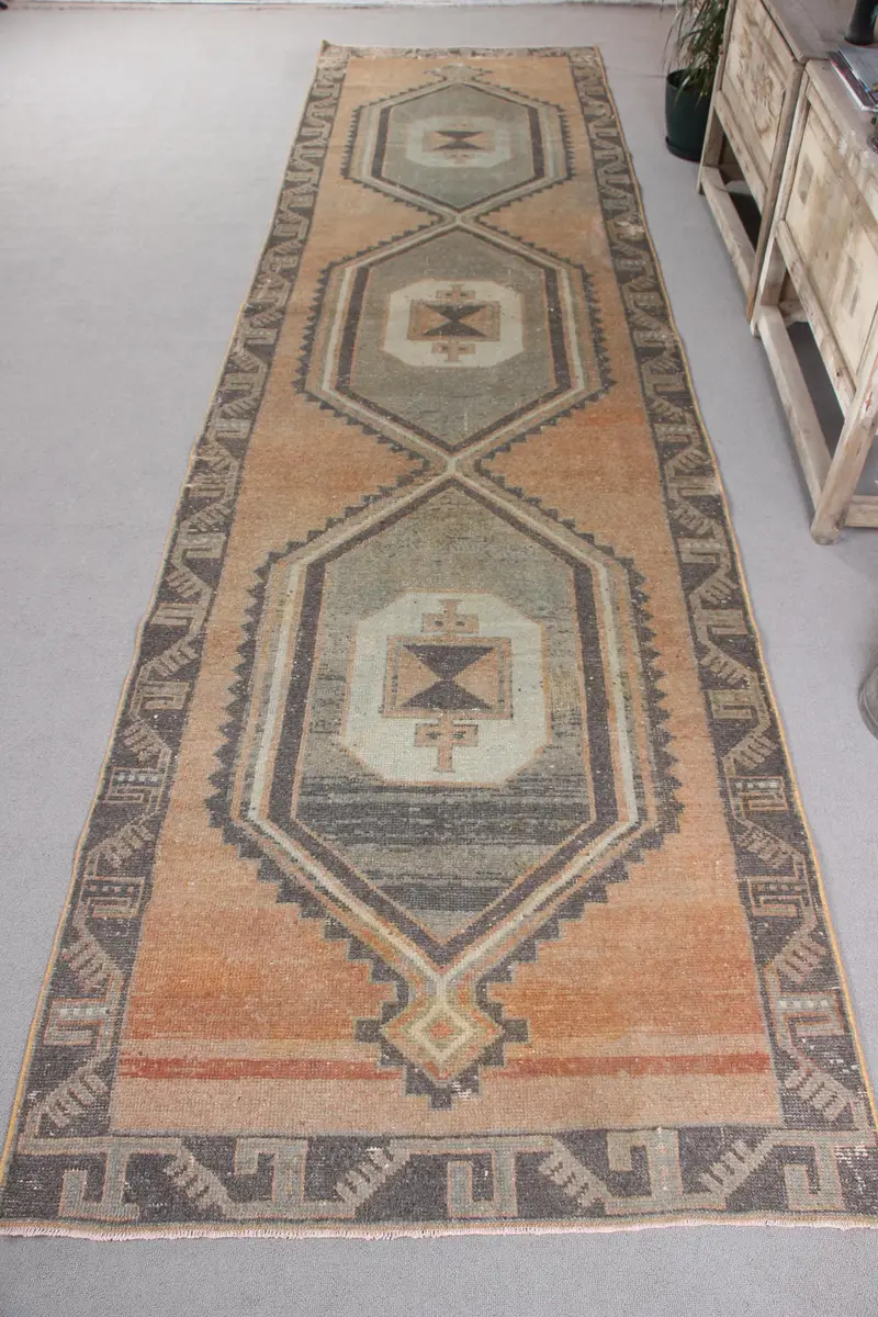 Handmade Orange Green Polka Dot Rug, 2.9x13.4 ft