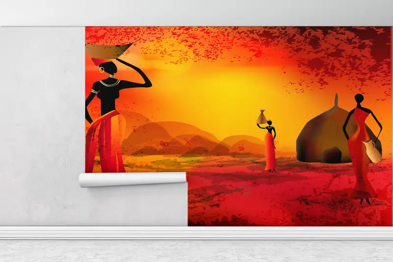 Paper Wall Art, African Landscape Wall Decor, , Bright Wall Paper, African Wall Decor, Modern Wall Paper, Black Woman Mural, - 1