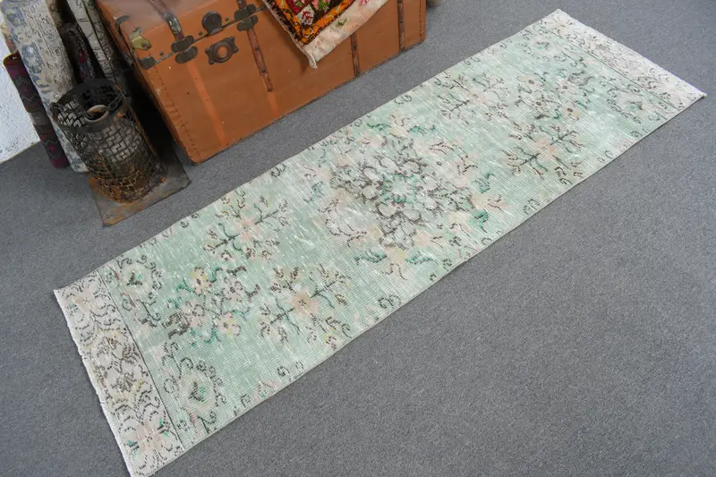 Vintage Oushak Runner Rug 2.1x6.6 ft (65x201 cm), Turkish Green Floral Wool Rug - 1