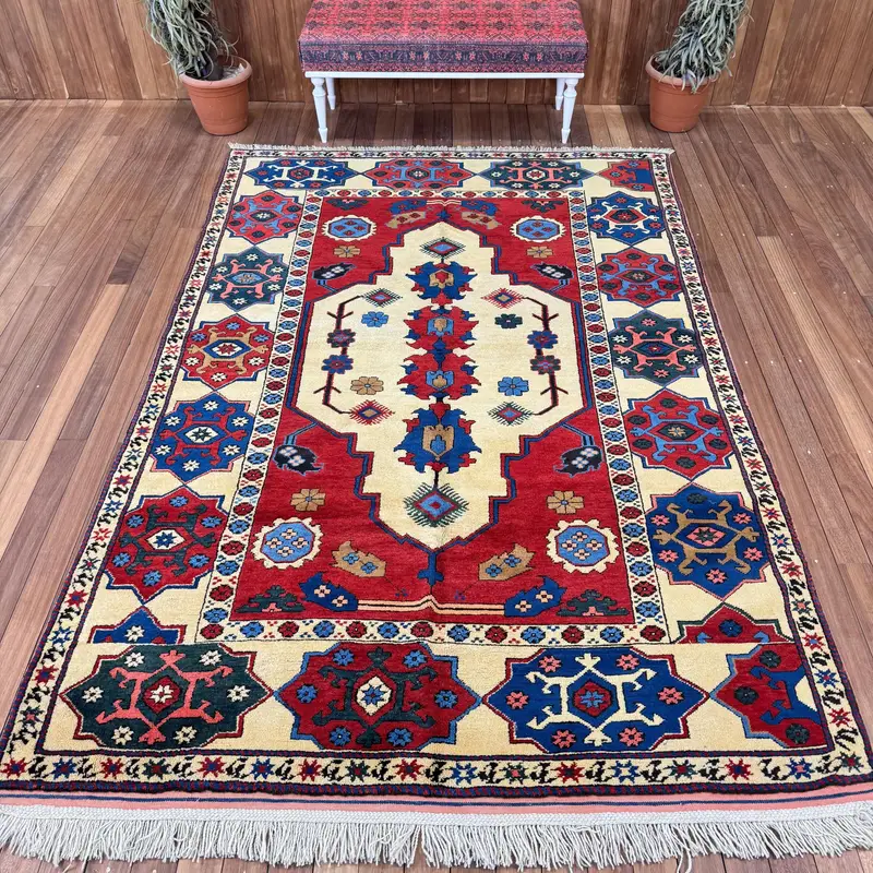 6.3x9.5 ft Large Turkish Rug, Vintage Rug, Red Blue Floral Wool Rug - 1