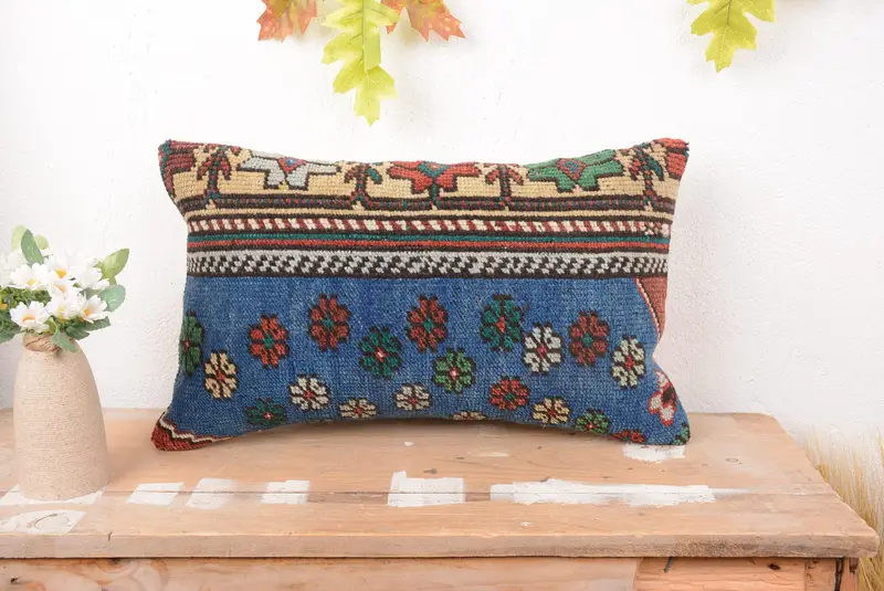 Embroidered Blue & Red Floral Throw Pillow, Handmade 12x20 Rectangle Pillow