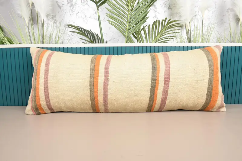 Vintage Cream Cushion Case, Moroccan 16x42 inch Cushion, Gift for Couple Striped Pillowcase - 1