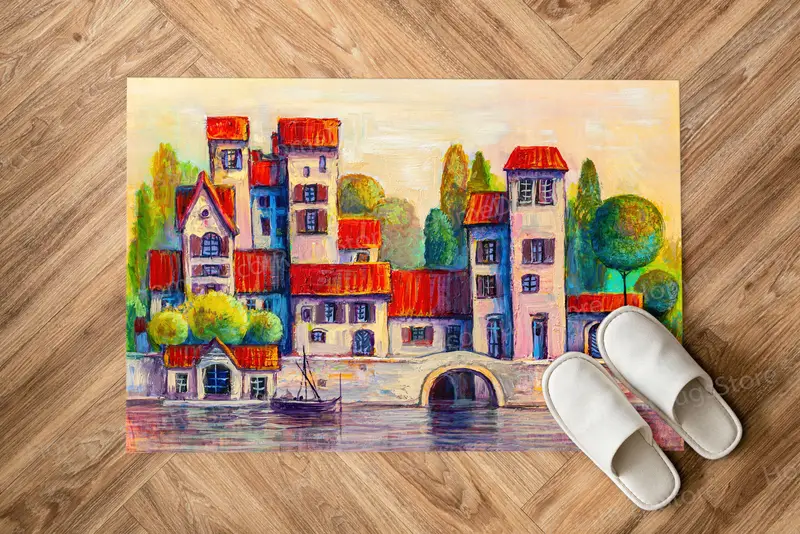 エレガントなプリントラグ：ヴィンテージの魅力を備えたモダンな街並み