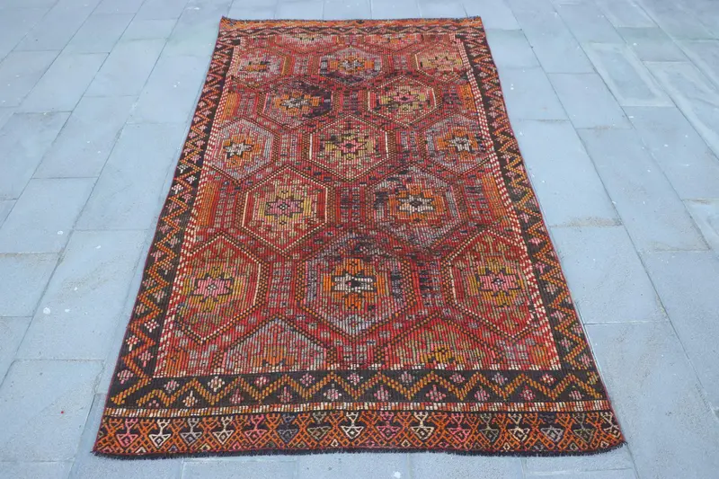 Red & Orange Rug, 4.8x9 ft Botanical Design
