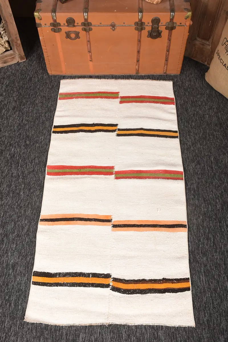 2.7x5.5 ft Small Vintage Turkish Rug, White Striped Wool Rug - 1