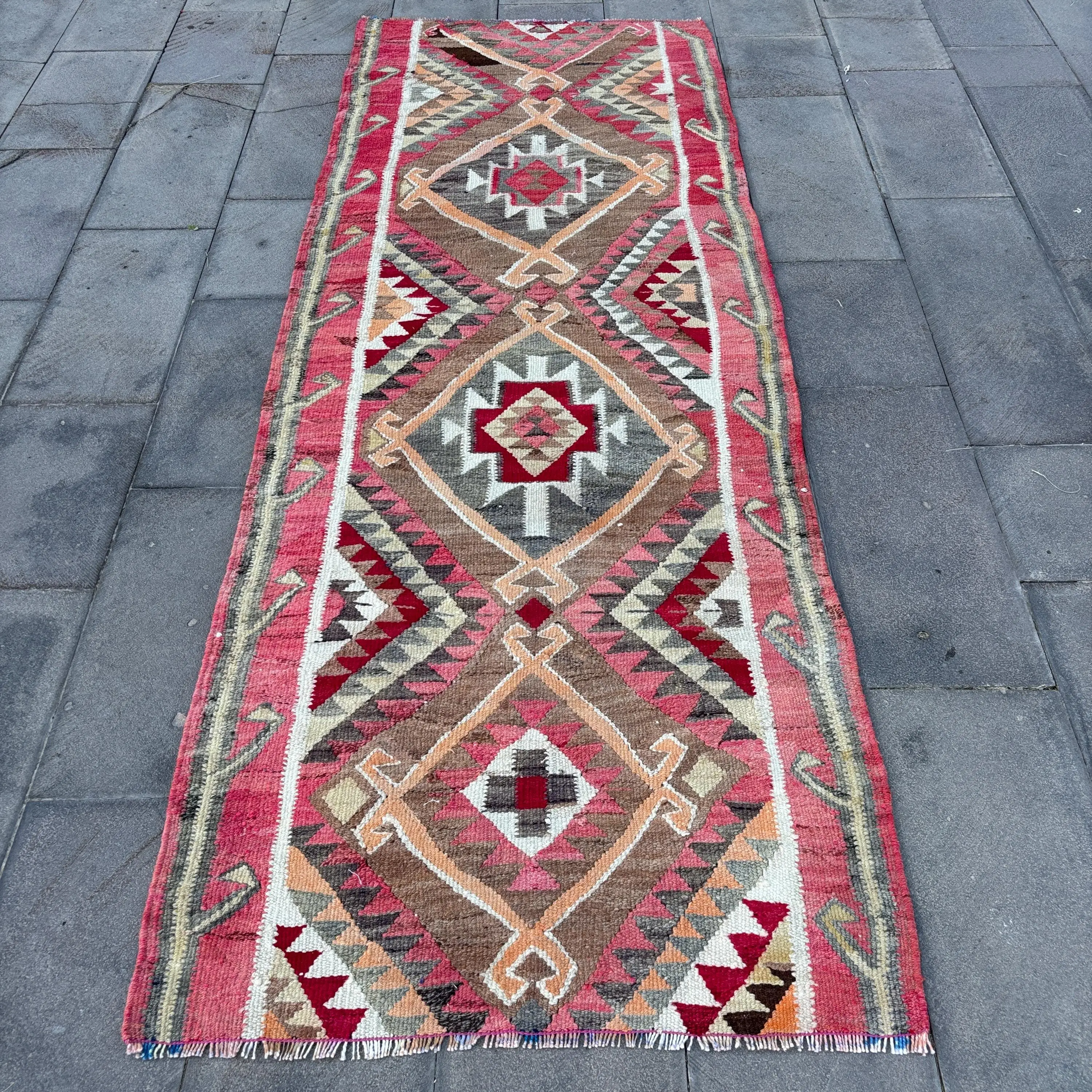 3.3x9 ft Turkish Rug, Red Floral Vintage Wool Rug - 1