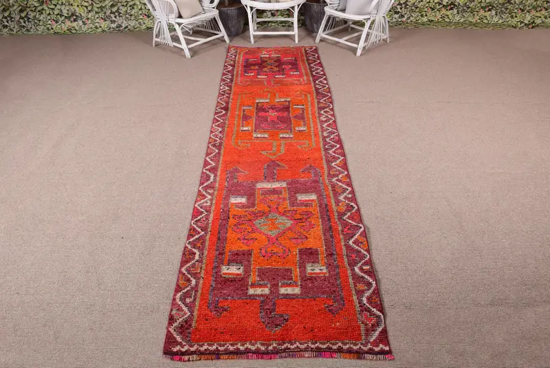 Alfombra Herki, Alfombra Turca de 3,1x11,3 pies, Alfombra Oriental Roja de Lana - 1