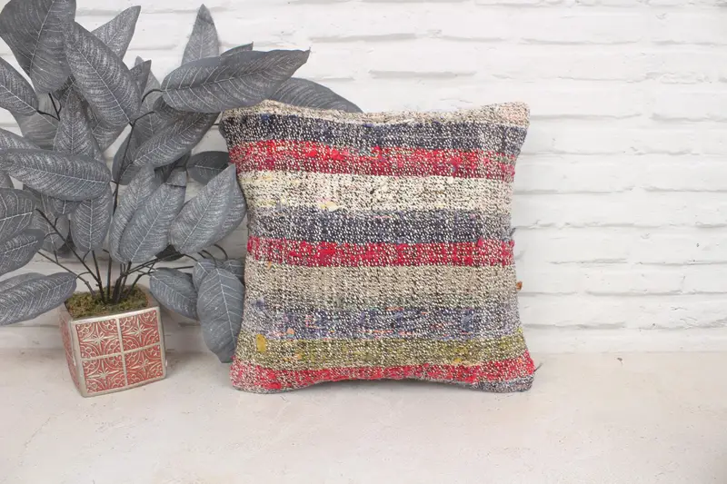 Ethnical Kilim Rug Pillow, Interior Designer Pillow, Pillow Case, Neutral Throw Cushion Cover, Kilim Cushion Sham, 16x16 Red Cushion Cover - 1