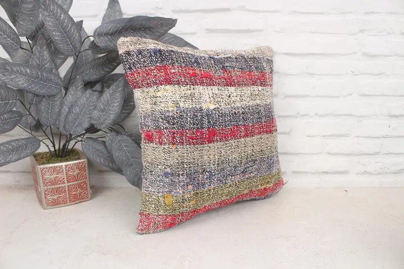 Ethnical Kilim Rug Pillow, Interior Designer Pillow, Pillow Case, Neutral Throw Cushion Cover, Kilim Cushion Sham, 16x16 Red Cushion Cover - 3