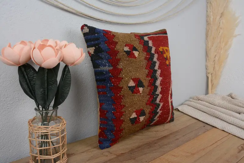 Almohada de tiro geométrico rojo y marrón, cojín de lino hecho a mano