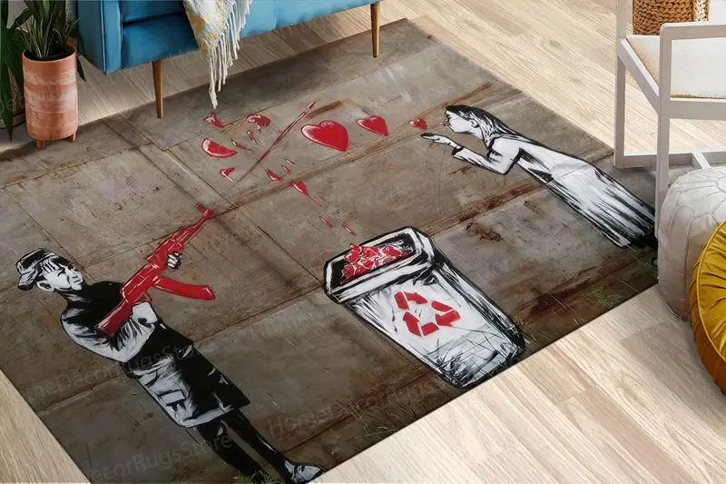 エレガントなプリントラグ：バンクシーにインスピレーションを得たアートをモダンな空間に