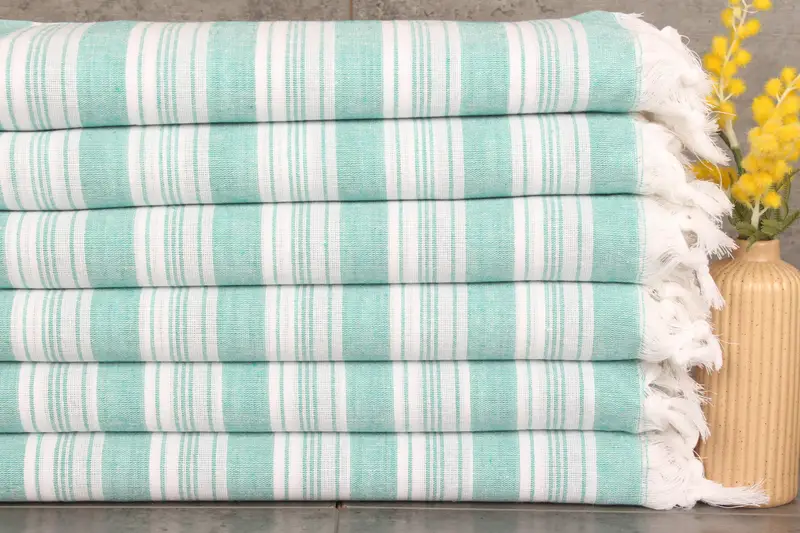 Turkish Towel Green Striped Benetton, Organic Cotton, 40x71 Inches