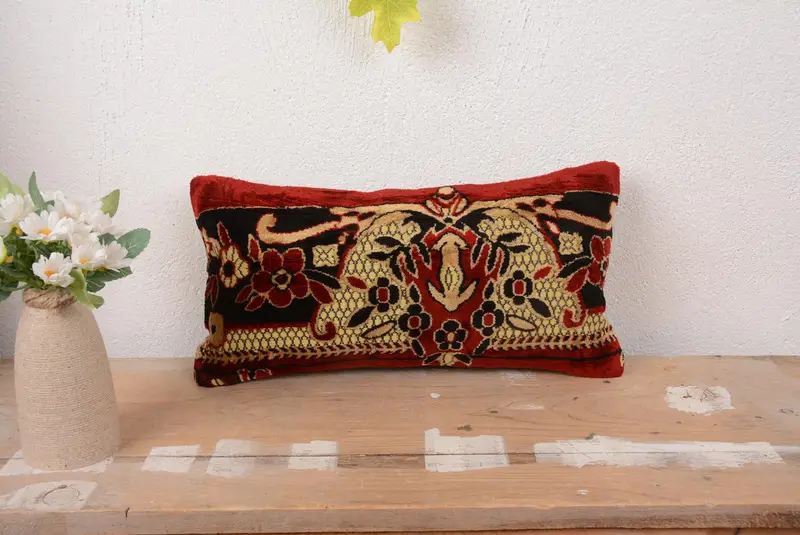 Red & Black Embroidered Linen Pillow, 8x16 Vintage Throw Pillow