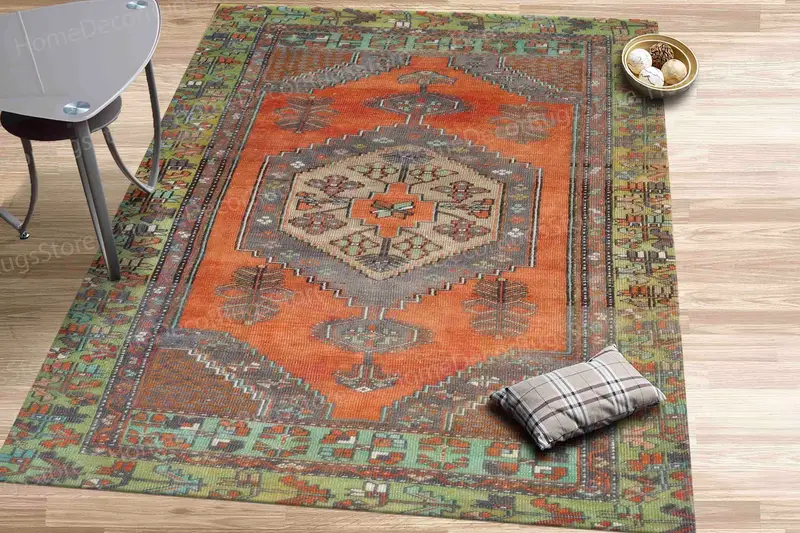 Alfombra estampada con estampado geométrico marrón y verde para espacios modernos