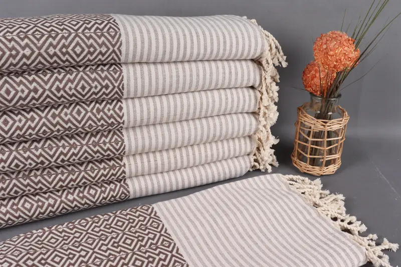 Turkish Bath Towel Organic Cotton, Brown, Diamond Pattern, 38x75 Inches