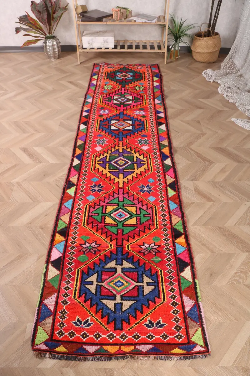 Vintage Turkish Rug, 2.6x10.1 ft Runner Rug, Red Blue Solid Rug - 1