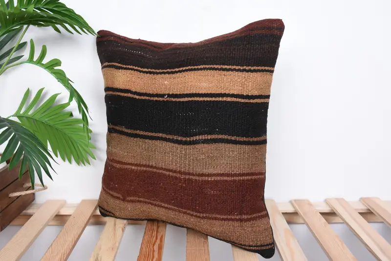 Gift Pillow, Cozy Throw Cushion Case, Turkish Corner Cushion, Vintage Kilim Throw Pillow, Pillow Case, 18x18 Brown Cushion Case, Pillow for Couch - 5