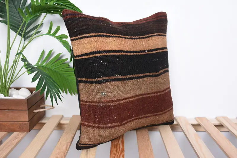 Gift Pillow, Cozy Throw Cushion Case, Turkish Corner Cushion, Vintage Kilim Throw Pillow, Pillow Case, 18x18 Brown Cushion Case, Pillow for Couch - 4