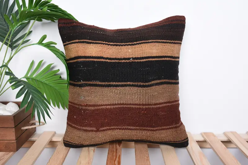 Gift Pillow, Cozy Throw Cushion Case, Turkish Corner Cushion, Vintage Kilim Throw Pillow, Pillow Case, 18x18 Brown Cushion Case, Pillow for Couch - 1