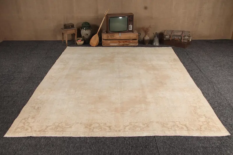 Vintage 9.8x12.3 ft Rug, Turkish Rug, Beige Beige Southwestern Rug - 1