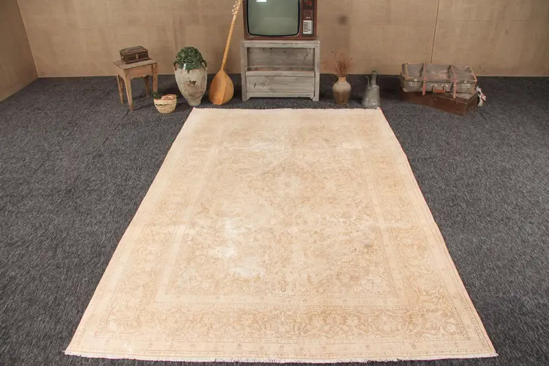 6.4x9.3 ft Türk Büyük Halı, Vintage Bej Kamuflaj Halı - 1