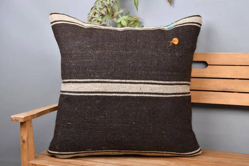 Embroidered Brown & Beige Striped Throw Pillow, Versatile 28x28 Pillow