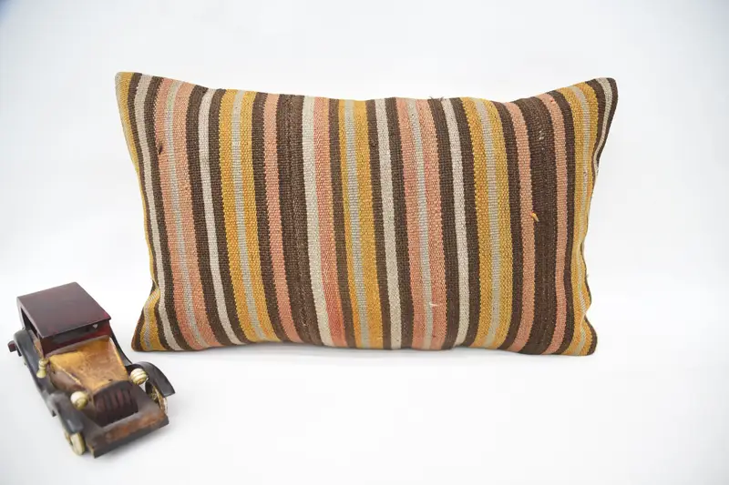 Turkish Moroccan Cushion Cover, Brown 12x20 inch Striped Pillow - 1