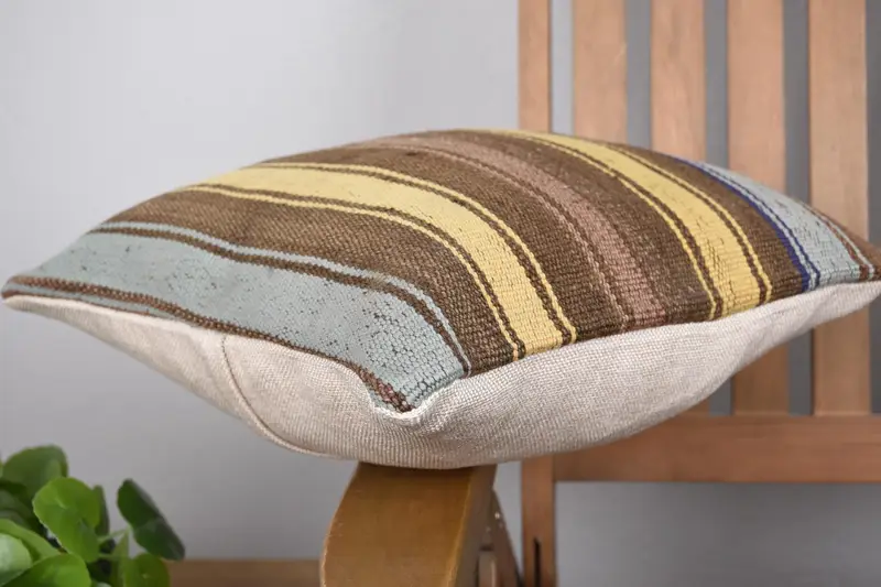 Ethnic Throw Cushion Case, Kilim Pillow, Ethnical Kilim Rug Pillow, Vintage Cushion Cover, 14x14 Yellow Pillow, Boho Pillow Sham Cover, Pillow Case - 6