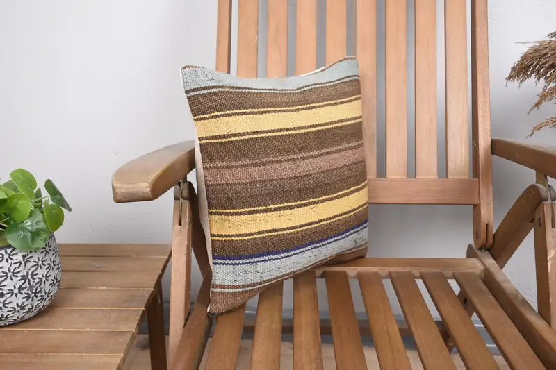Ethnic Throw Cushion Case, Kilim Pillow, Ethnical Kilim Rug Pillow, Vintage Cushion Cover, 14x14 Yellow Pillow, Boho Pillow Sham Cover, Pillow Case - 2