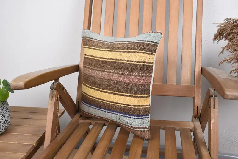Ethnic Throw Cushion Case, Kilim Pillow, Ethnical Kilim Rug Pillow, Vintage Cushion Cover, 14x14 Yellow Pillow, Boho Pillow Sham Cover, Pillow Case - 3