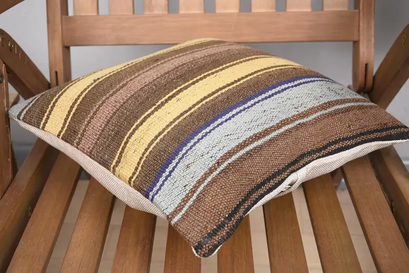 Ethnic Throw Cushion Case, Kilim Pillow, Ethnical Kilim Rug Pillow, Vintage Cushion Cover, 14x14 Yellow Pillow, Boho Pillow Sham Cover, Pillow Case - 4