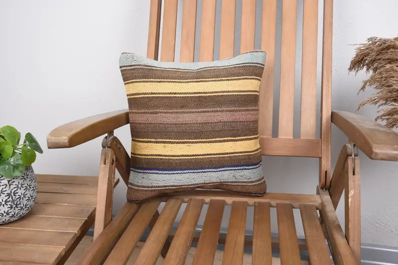 Ethnic Throw Cushion Case, Kilim Pillow, Ethnical Kilim Rug Pillow, Vintage Cushion Cover, 14x14 Yellow Pillow, Boho Pillow Sham Cover, Pillow Case - 1