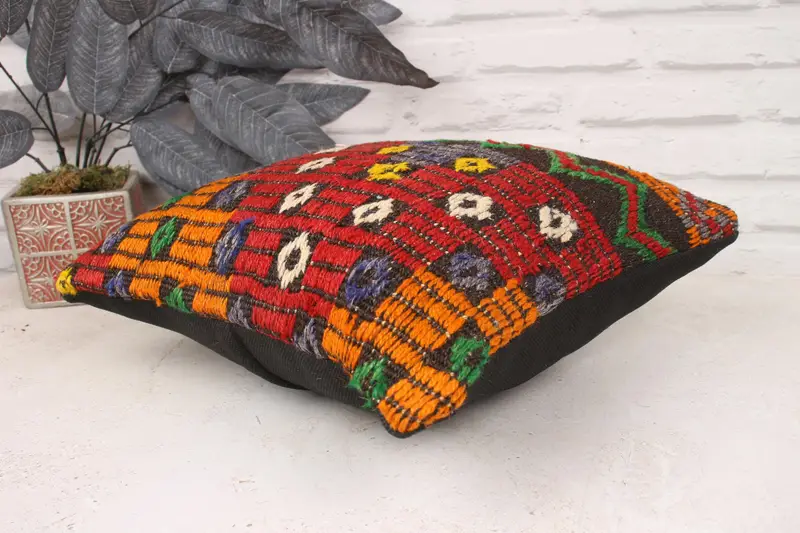 Patio Cushion Case, Pillow for Couch, 14x14 Orange Pillow Sham, Pillow, Turkish Kilim Pillow, Bright Pillow, Vintage Kilim Throw Pillow - 6