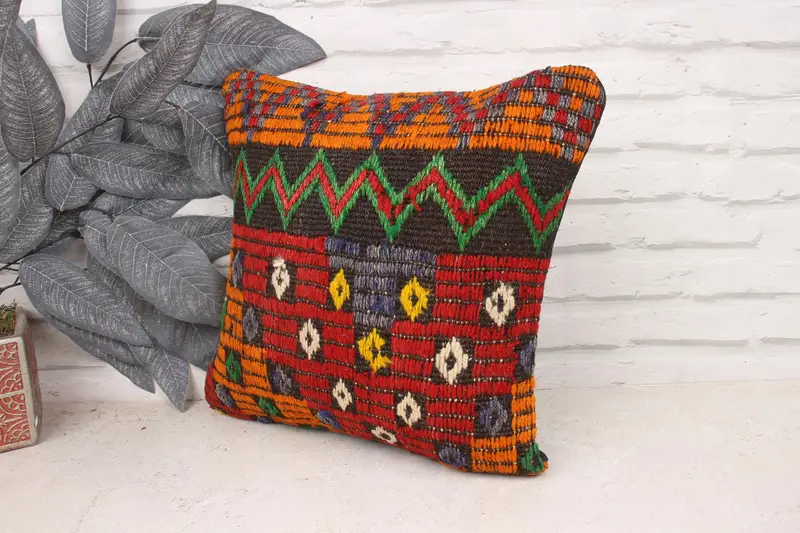 Patio Cushion Case, Pillow for Couch, 14x14 Orange Pillow Sham, Pillow, Turkish Kilim Pillow, Bright Pillow, Vintage Kilim Throw Pillow - 4