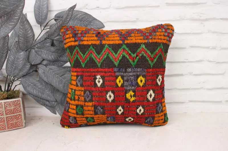 Patio Cushion Case, Pillow for Couch, 14x14 Orange Pillow Sham, Pillow, Turkish Kilim Pillow, Bright Pillow, Vintage Kilim Throw Pillow - 1