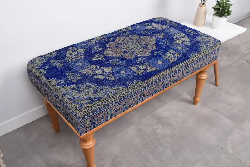 Scandinavian Blue Ottoman with Beige Accents, Versatile Ottoman