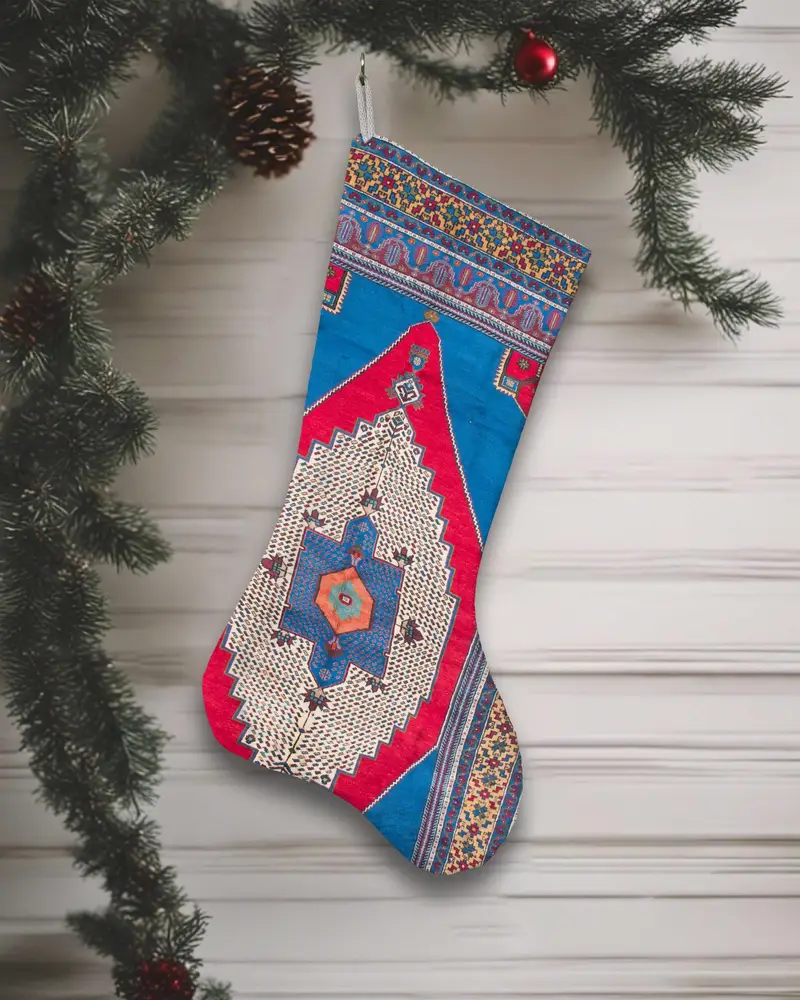 Festive Blue and Red Christmas Stocking, Cozy Ornament Patterned Holiday Decor