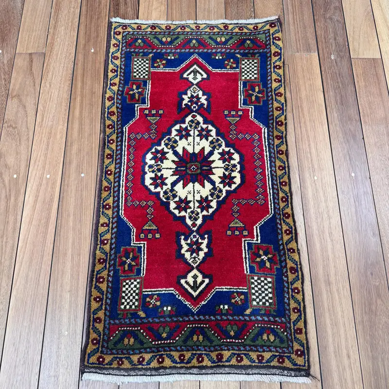 1.6x3.2 ft Turkish Oushak Rug, Red Camouflage Vintage Wool Rug - 1