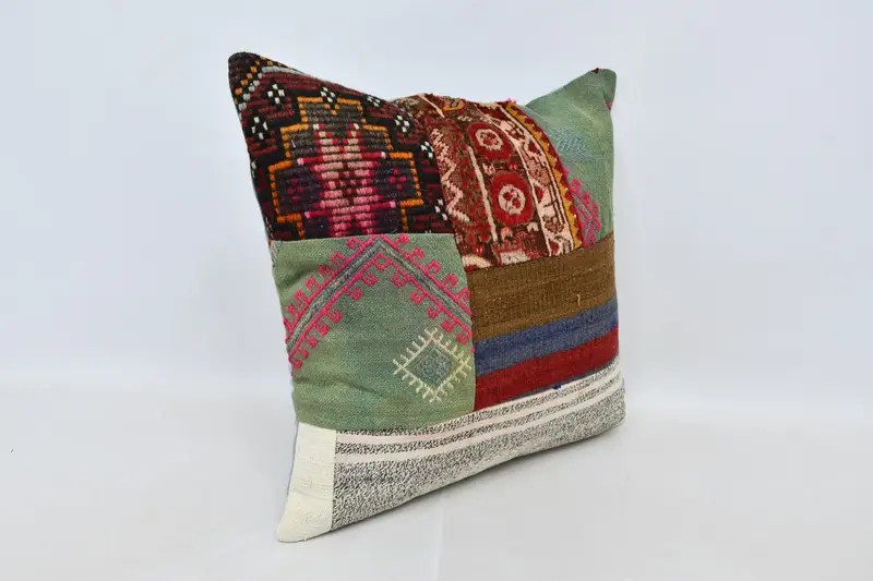 Kilim Cushion Sham, Ethnical Kilim Rug Pillow, Pillow Case, 24x24 Green Pillow Case, Boho Pillow Sham Cover, Ottoman Cushion Cover - 3