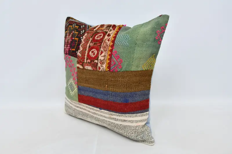 Kilim Cushion Sham, Ethnical Kilim Rug Pillow, Pillow Case, 24x24 Green Pillow Case, Boho Pillow Sham Cover, Ottoman Cushion Cover - 4