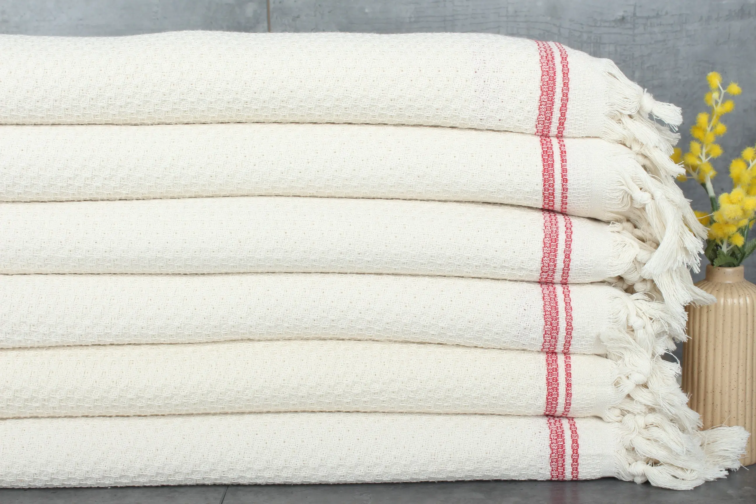Striped Throw Red Cotton Plaid Blanket, Queen Size, 91x93 Inches - 1